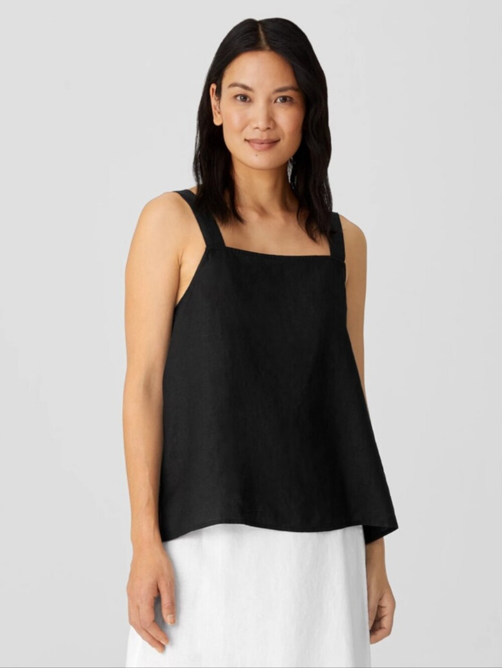 Eileen Fisher Black Square Neck Organic Handkerchief Linen Tank Size Med EUC